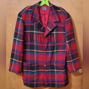 Liz Wear Size 6 Fringed Fully Lined Red & Black Plaid Wool Jacket